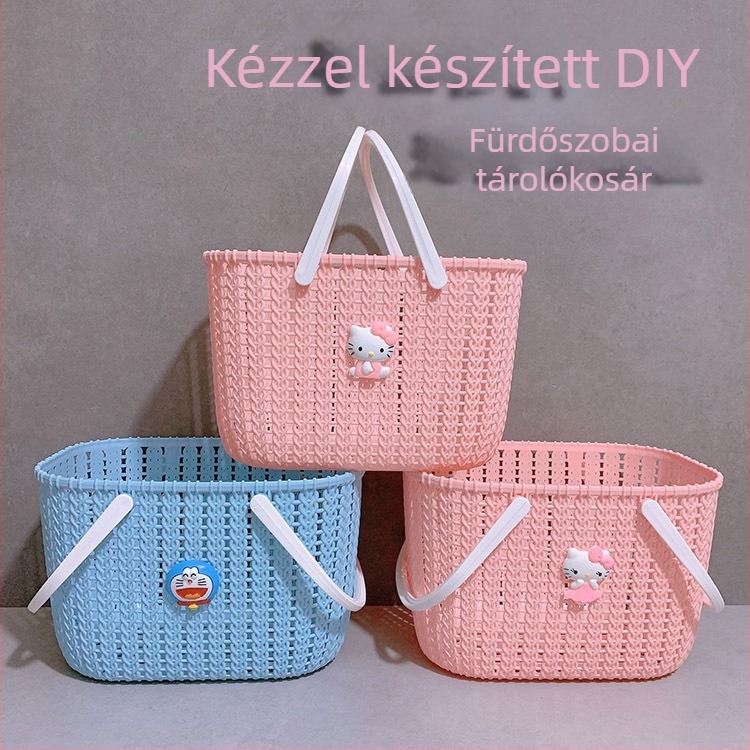 Hordozható műanyag tároló kosár imitált rattanból, fürdőszobai akasztó/asztali szervező, aranyos mesés dizájn, kék