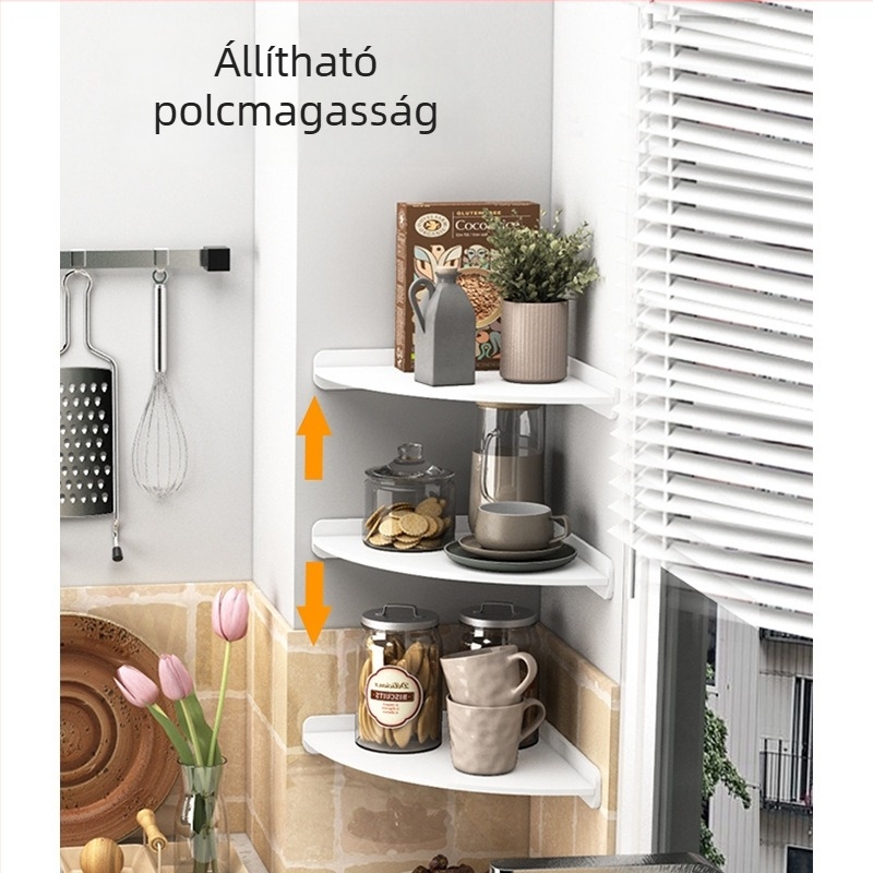 4-szintes falra szerelhető tároló konyhához és fürdőszobához, PVC, fúrás nélküli sarokpolc
