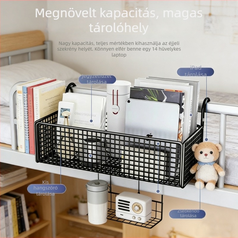 Kollégiumi ágy melletti függő tárolókosár, nagy kapacitású, szénacélból, fúrás nélkül