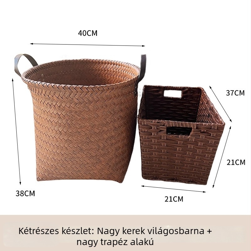 Kézzel készített PVC-szövött kosár, rattan utánzatú tároló kosár, piknikhez, gyümölcsöknek, a konyhába és a fürdőszobába
