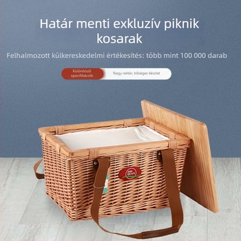 Kézzel szövött vesszőből készült piknikkosár fedővel és vállpánttal, több méretben