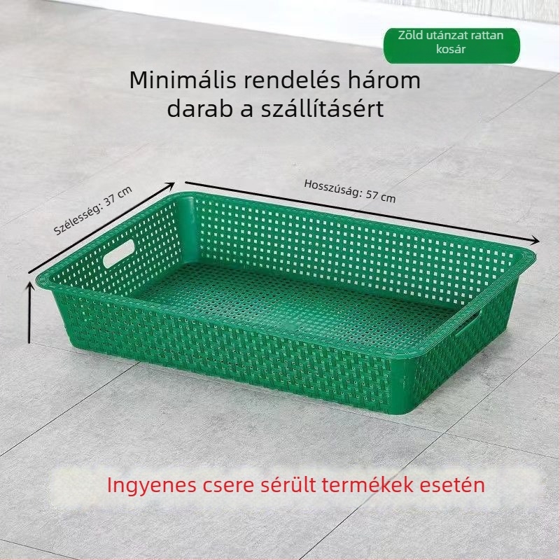 Műanyag gyümölcs- és zöldségkosár, rattan szövésű megjelenítő tálakkal