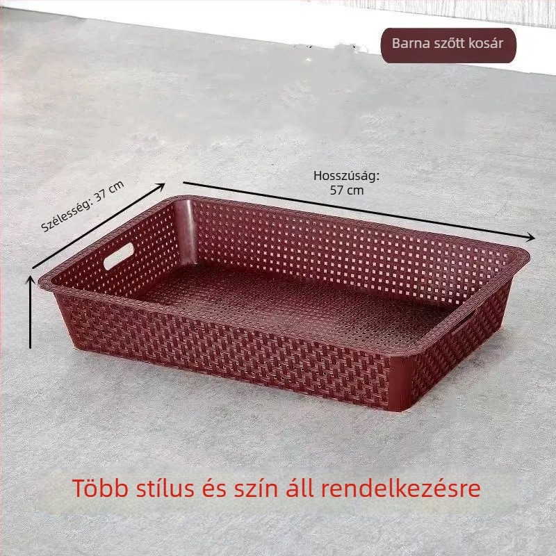 Műanyag gyümölcs- és zöldségkosár, rattan szövésű megjelenítő tálakkal