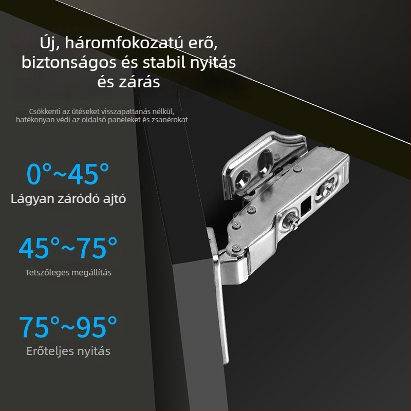 Háromfokozat teljes csillapítású hidraulikus szekrényajtó-zsanér 16–28 mm vastag ajtókhoz