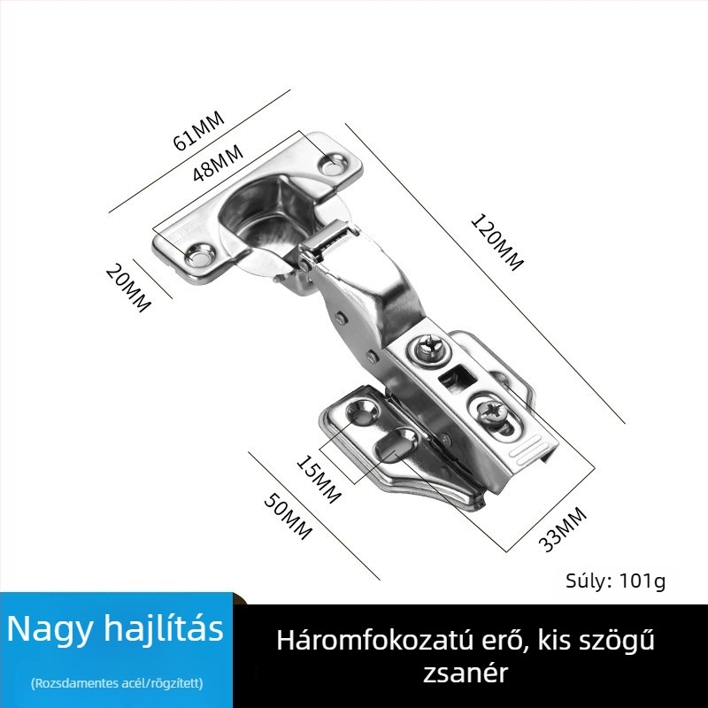 Háromfokozat teljes csillapítású hidraulikus szekrényajtó-zsanér 16–28 mm vastag ajtókhoz