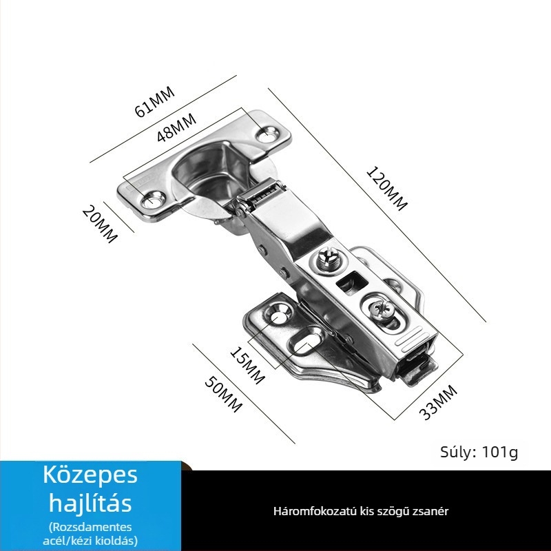 Háromfokozat teljes csillapítású hidraulikus szekrényajtó-zsanér 16–28 mm vastag ajtókhoz