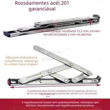 304 rozsdamentes acélból készült ablak-tartó, felső nyitású, négyláncos csúszó kar, széllimitáló és csukló