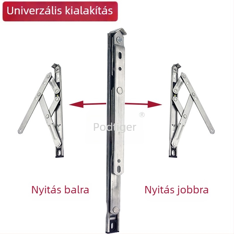 304 rozsdamentes acélból készült ablak-tartó, felső nyitású, négyláncos csúszó kar, széllimitáló és csukló