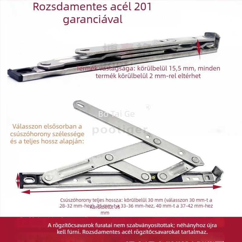 304 rozsdamentes acélból készült ablak-tartó, felső nyitású, négyláncos csúszó kar, széllimitáló és csukló