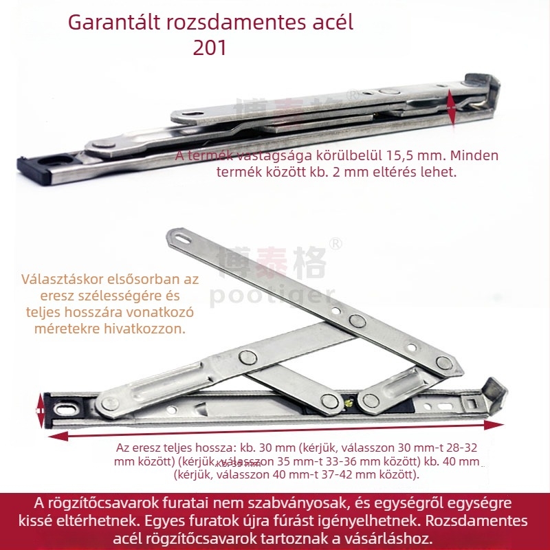 304 rozsdamentes acélból készült ablak-tartó, felső nyitású, négyláncos csúszó kar, széllimitáló és csukló