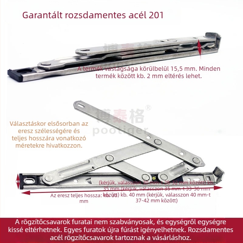 304 rozsdamentes acélból készült ablak-tartó, felső nyitású, négyláncos csúszó kar, széllimitáló és csukló