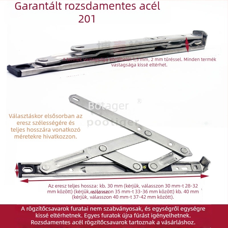 304 rozsdamentes acélból készült ablak-tartó, felső nyitású, négyláncos csúszó kar, széllimitáló és csukló