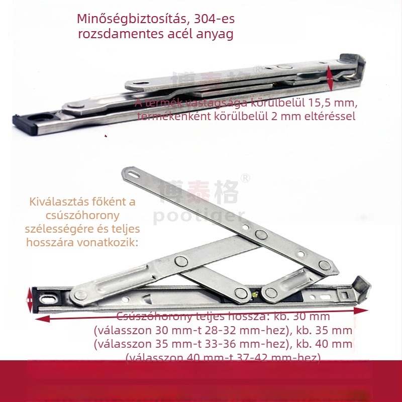 304 rozsdamentes acélból készült ablak-tartó, felső nyitású, négyláncos csúszó kar, széllimitáló és csukló