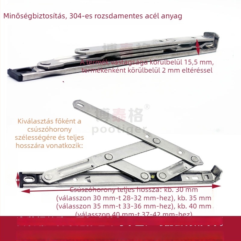 304 rozsdamentes acélból készült ablak-tartó, felső nyitású, négyláncos csúszó kar, széllimitáló és csukló