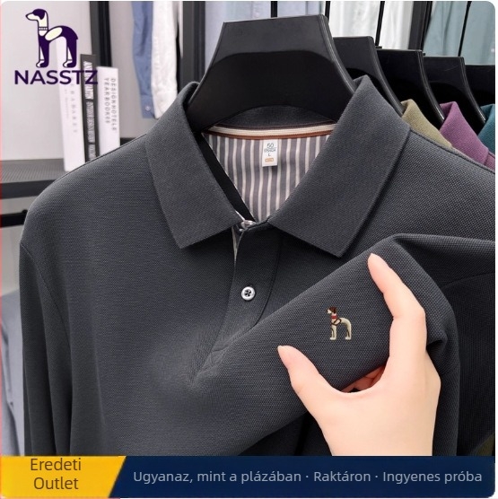 Hazys hosszú ujjú férfi polo, 100% pamut, lazán szabott, egyszínű, üzleti casual