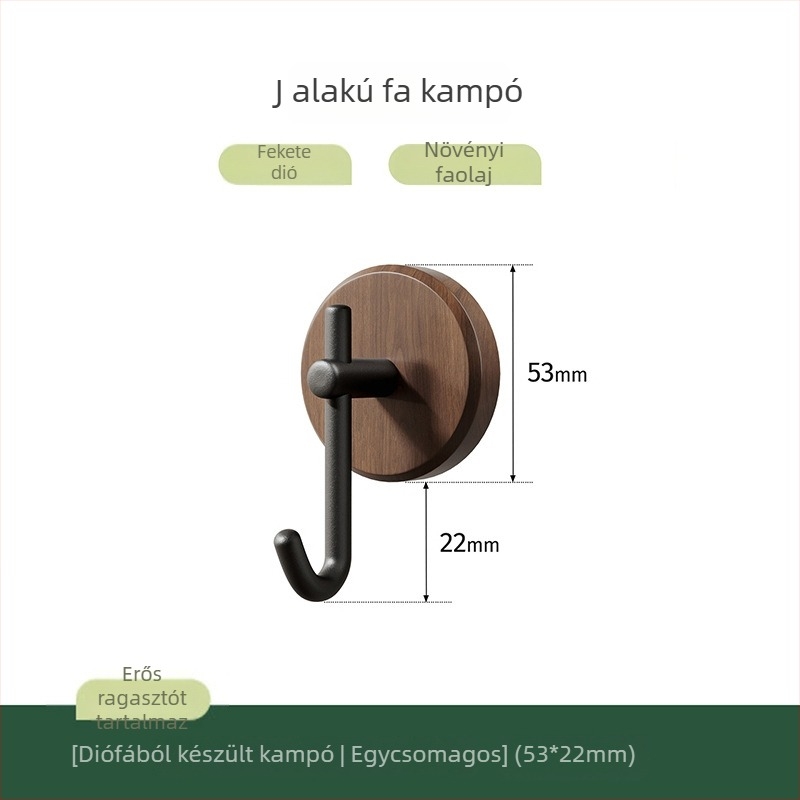 Skandináv tömörfa vállfa diófából, falra ragasztható, fúrás nélkül, elegáns dizájn