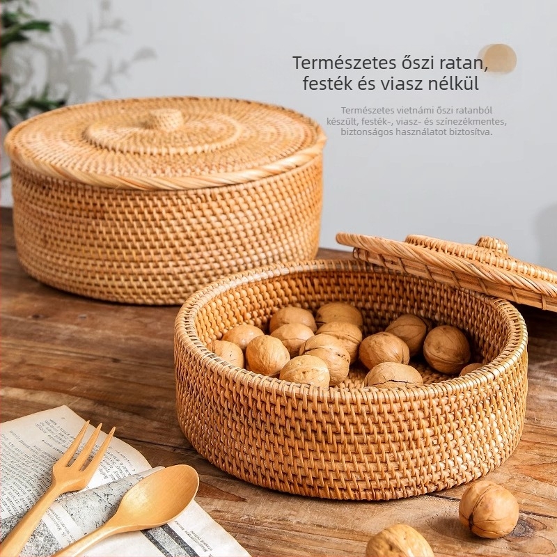 Fedeles rattan tárolókosár, gyümölcsök és nassolnivalók számára, retro asztali tároló