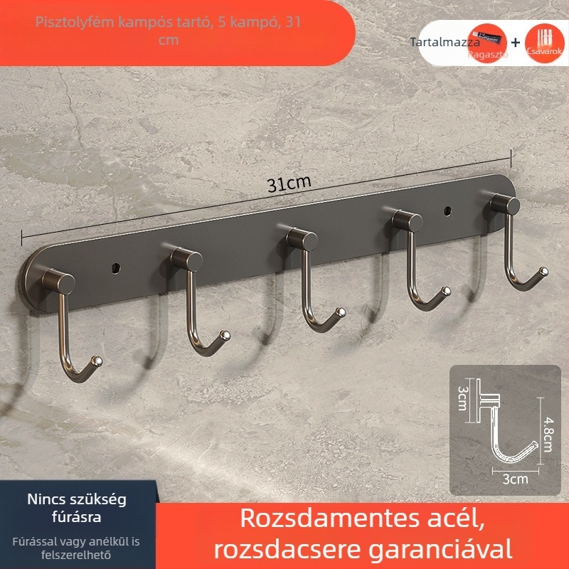Rozsdamentes acél falra szerelhető konyhai akasztóállvány több sor kampóval