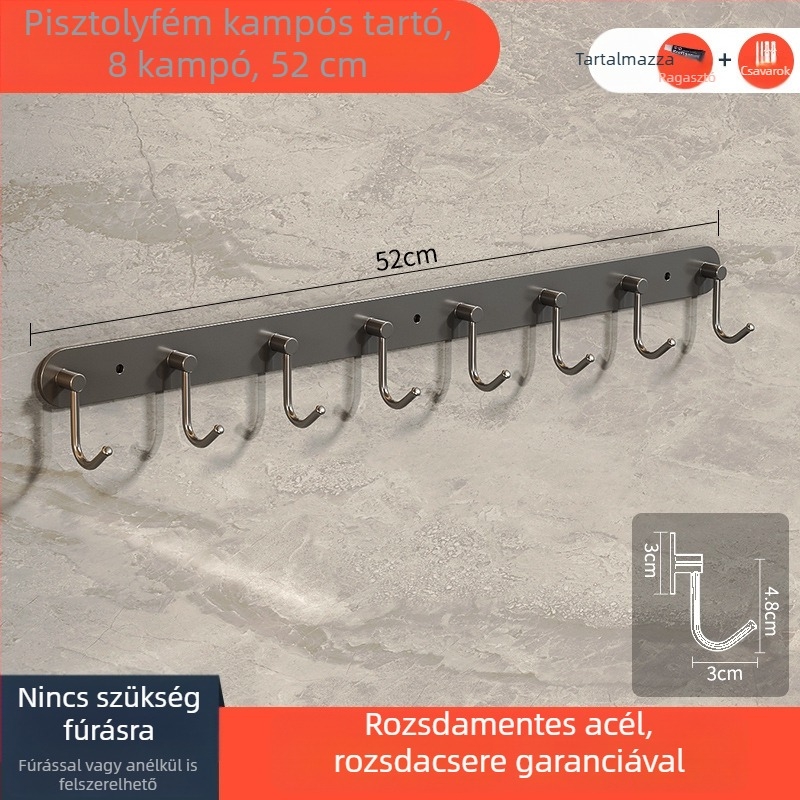 Rozsdamentes acél falra szerelhető konyhai akasztóállvány több sor kampóval