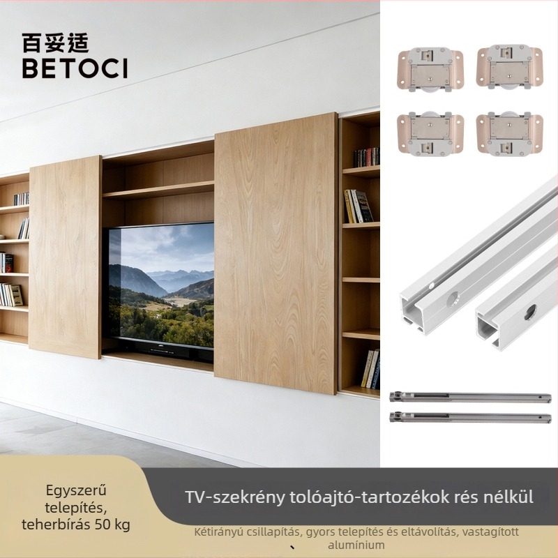 Felszínre szerelt csúszó ajtó vezető sín TV-szekrényhez és könyvtárhoz, kétoldali tompító, fémszerelvények