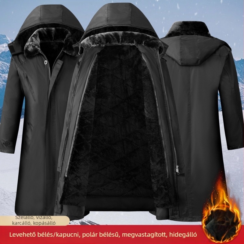 Férfi hosszú pamutkabát fleece béléssel, vízálló és szélálló, cipzárral záródó