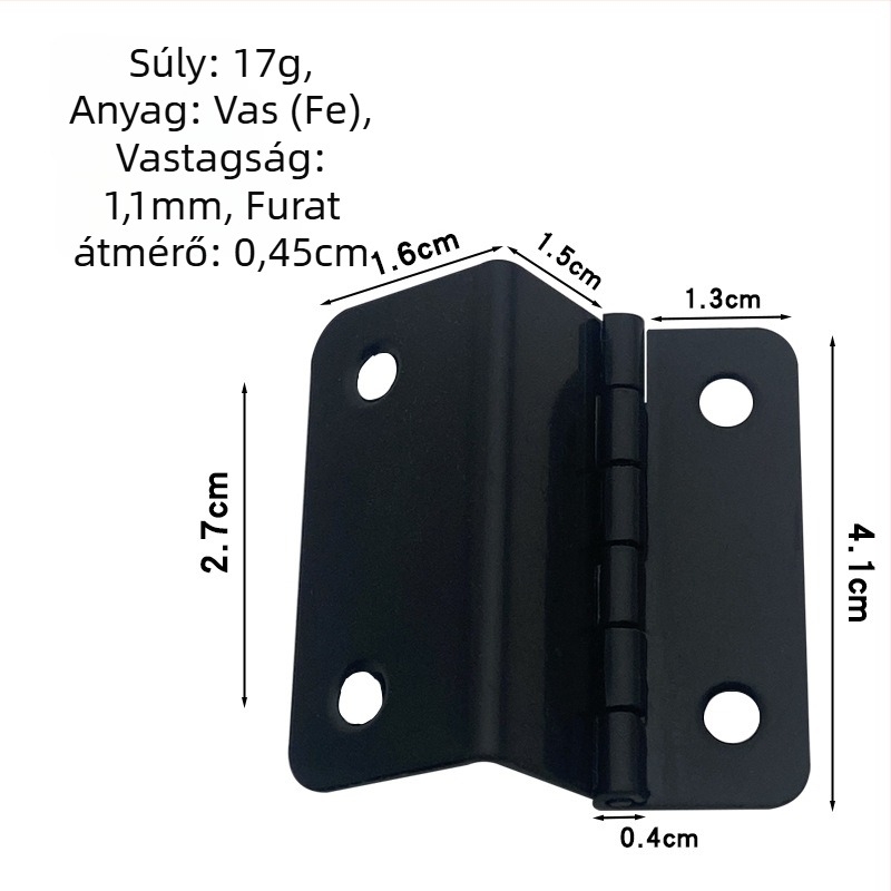 41 mm fekete elektroforézissel bevont zsanér, három- és négyszer hajlított, dupla görbületű, szekrényajtókhoz és fa dobozokhoz