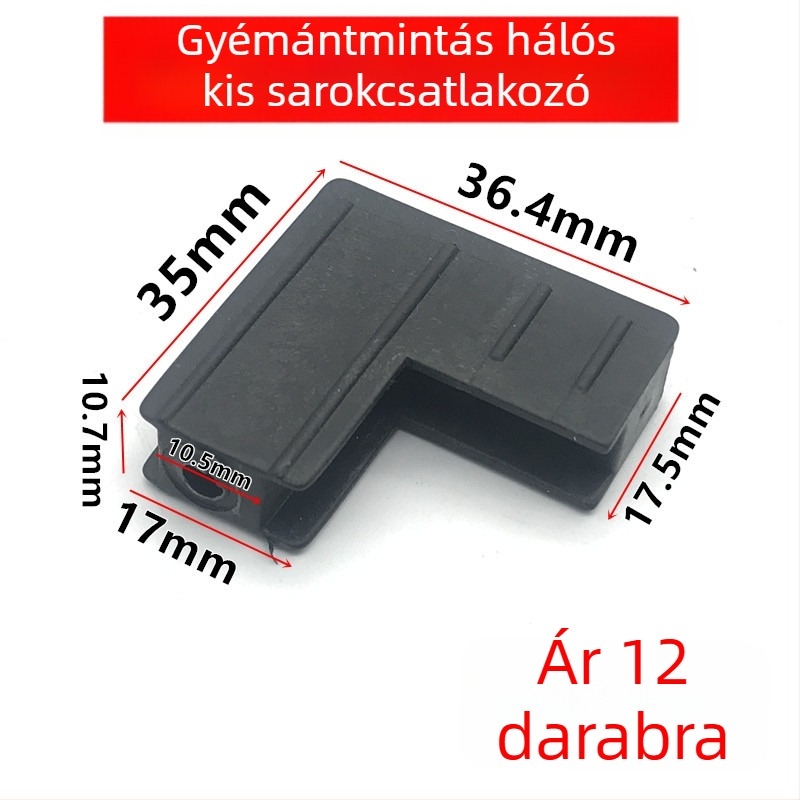 Ablakrostély háló sarokcsatlakozója, 7-es alakú vas sarok, nylon és vas összetétel, külső műanyag és alumínium ötvözet, modern minimalista stílus