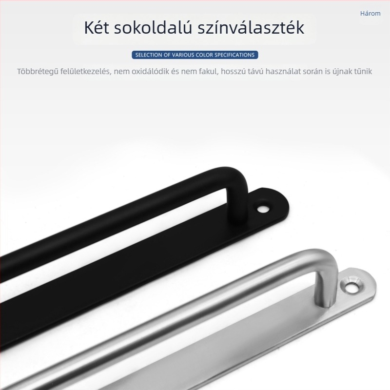 Felszínre szerelt csúszó ajtó hardver alaplappal, ezüst fogantyúval és vastag fekete rozsdamentes acél fogantyúval szekrényekhez és fiókokhoz