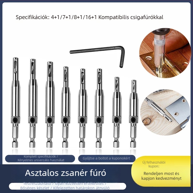 Faajtó- és ablaknyílásokhoz készült fúrókészlet hatszögletű bitekkel és pontos pozicionálással
