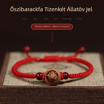 Őszibarackfa karkötő – zodiákus jel, uniszex, kézzel szőtt piros zsinórral