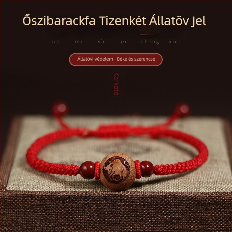 Őszibarackfa karkötő – zodiákus jel, uniszex, kézzel szőtt piros zsinórral