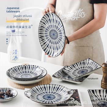 Japán stílusú mély porcelántál, kézzel festett, kreatív étkészlet mindennapi használatra, csíkos mintázat, aszimmetrikus formával, mikrohullámú sütőben is használható