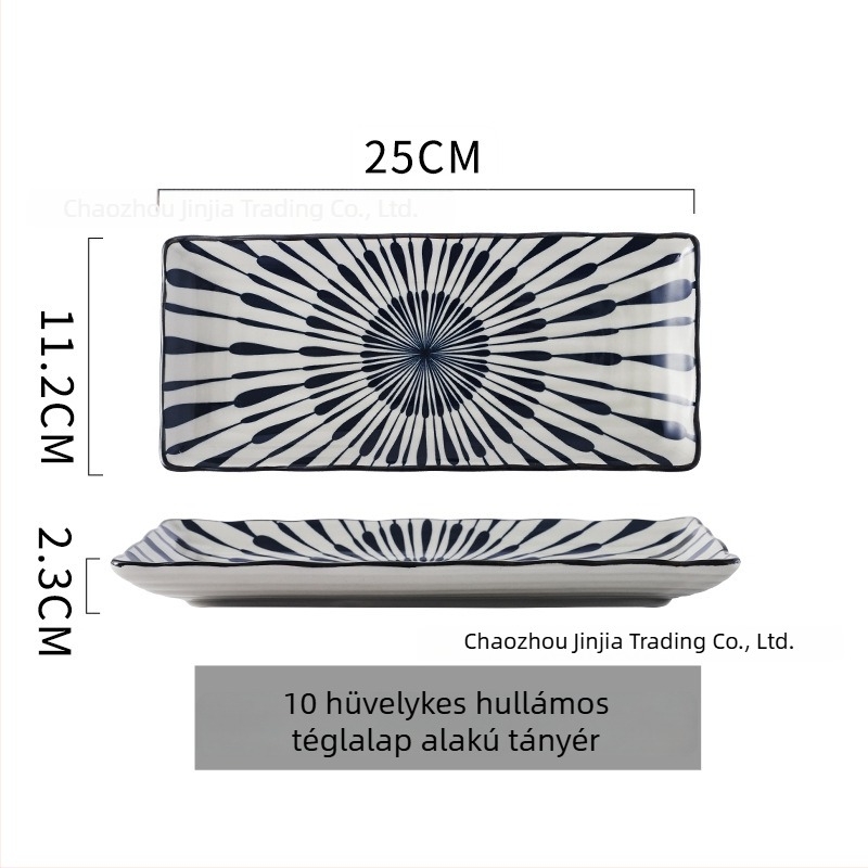 Japán stílusú mély porcelántál, kézzel festett, kreatív étkészlet mindennapi használatra, csíkos mintázat, aszimmetrikus formával, mikrohullámú sütőben is használható