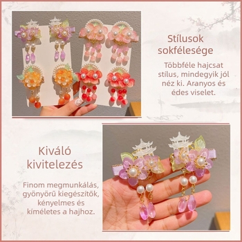 Gyerek Hanfu hajcsat virággal és bojtokkal – retro kínai stílusú kiegészítő