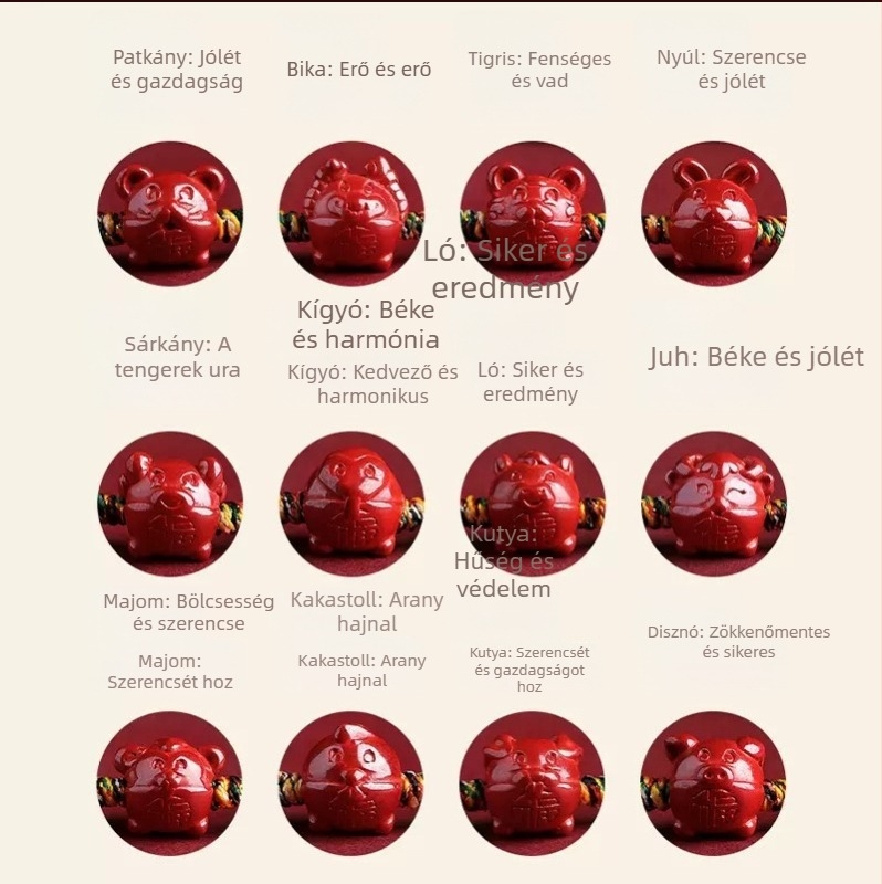 Kézzel készített cinnabar vörös kötéls karkötő zodiákus állatokkal nőknek