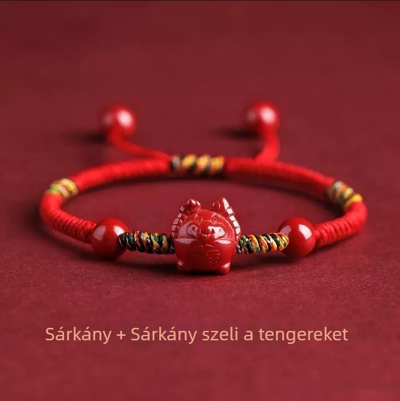 Kézzel készített cinnabar vörös kötéls karkötő zodiákus állatokkal nőknek