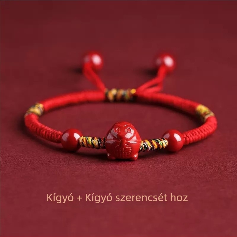 Kézzel készített cinnabar vörös kötéls karkötő zodiákus állatokkal nőknek