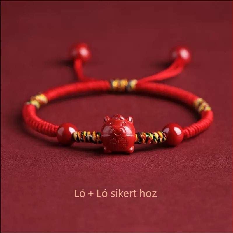 Kézzel készített cinnabar vörös kötéls karkötő zodiákus állatokkal nőknek
