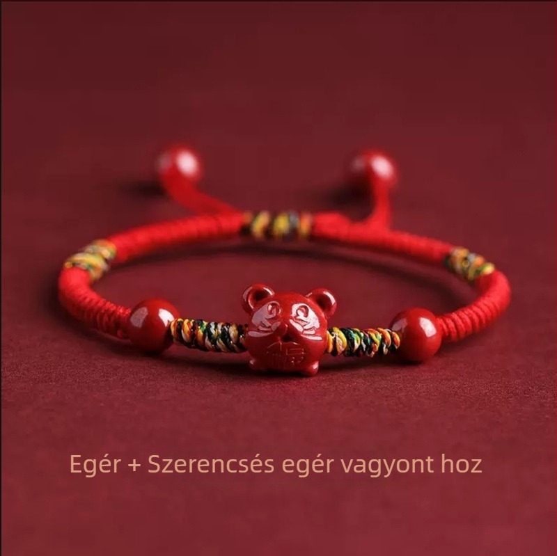 Kézzel készített cinnabar vörös kötéls karkötő zodiákus állatokkal nőknek