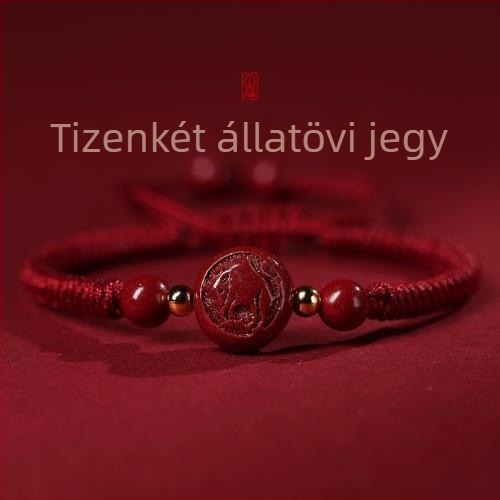 Kézzel készített cinnabar karkötő piros zsinórral és 12 horoszkóp jelével nőknek
