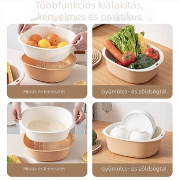 Kétszintes műanyag zöldségmosó- és mosóedény, nagy méretű, konyhai gyümölcs- és zöldségkosárral, leeresztő kosárral