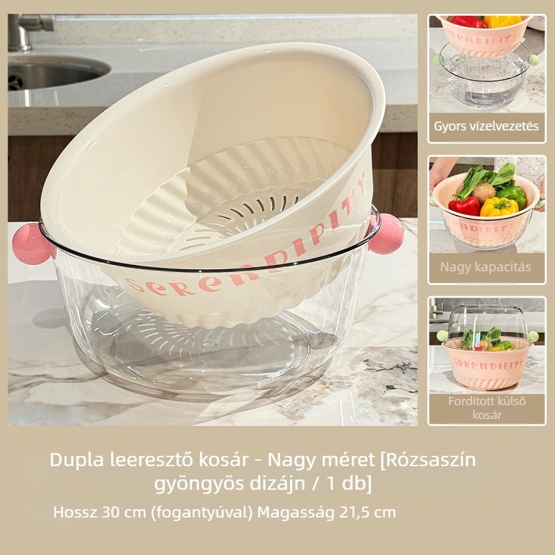 Kétszintes zöldségmosó edény leeresztő kosárral és gyümölcstálcával