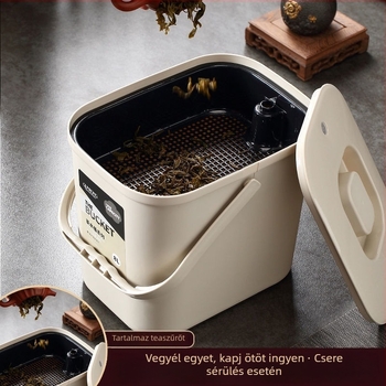 Tea szertartás hulladékvíz tartálya és tealevél-maradék tartó szűrővel