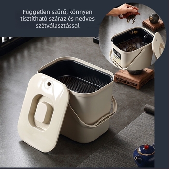 Tea szertartás hulladékvíz tartálya és tealevél-maradék tartó szűrővel