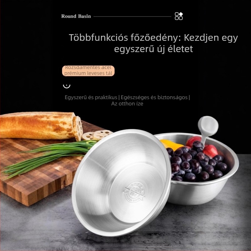 304 rozsdamentes acél konyhai tál leveshez, tojásfelveréshez és tészta dagasztásához