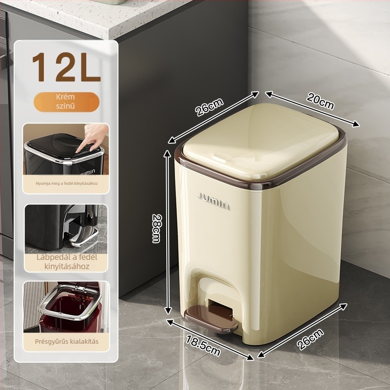 Krémszínű elektroplakált pedálos szemetes fedővel, modern minimalista hengeres kialakítás, 12 L vagy nagyobb, otthoni használatra