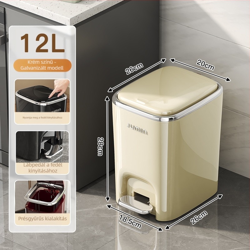 Krémszínű elektroplakált pedálos szemetes fedővel, modern minimalista hengeres kialakítás, 12 L vagy nagyobb, otthoni használatra