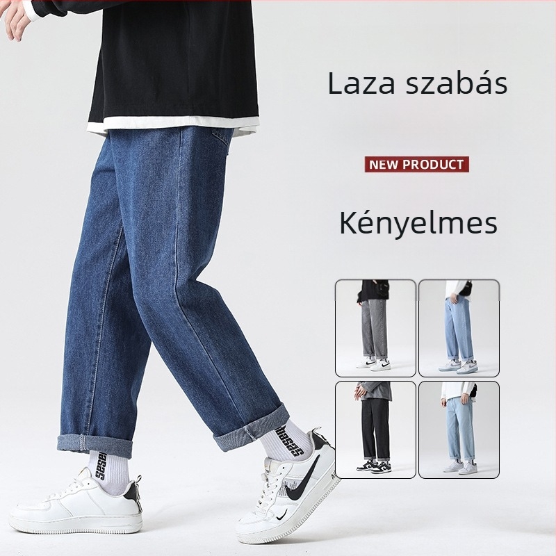 Férfiaknak High Street stílusú farmer, felhajlított szegéllyel, laza, széles szárú retro casual nadrág 2026 tavasz–ősz