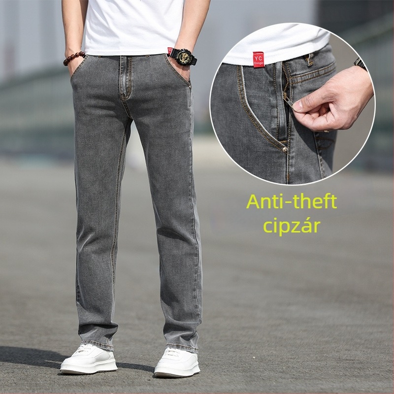 Férfiaknak laza, egyenes szabású farmernadrág, prémium rugalmas denim, világos mosás, őszi mindennapi viselet