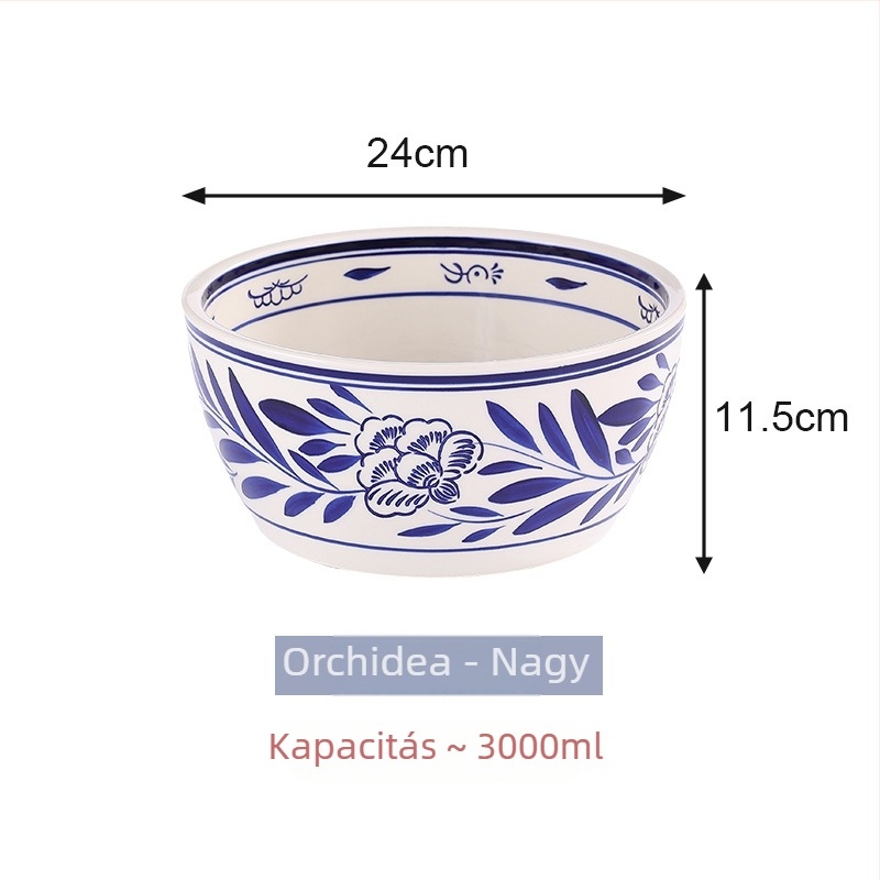 Kék-fehér porcelán kerámiatál, extra nagy méretű, levesekhez, tésztákhoz és hideg ételekhez